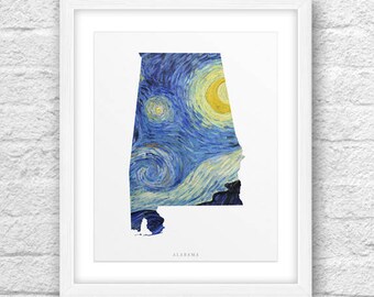 Alabama Map, Alabama Print, Alabama Art, Alabama State, Alabama Van Gogh, Van Gogh Style Art, Alabama Printable,InstantDownload,Van Gogh Art