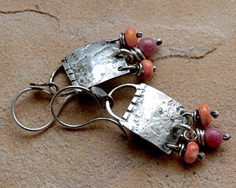 Fiesta! Rustic Textured Sterling Silver Earrings Orange Spiny Oyster & Rosy Rhodonite Dangles . Rustic Southwest Boho Tribal Style Jewelry