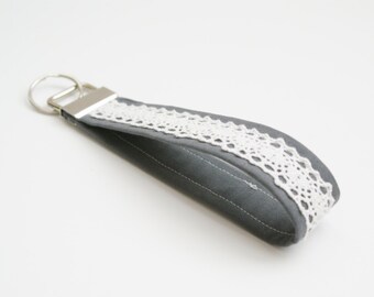 Gray and Lace Key Fob - 5 Inch Loop - Key Strap - Key Wristlet - Key Ring - Gray Key Chain - Fabric Keychain - Key Wrist Strap - Lace Fob