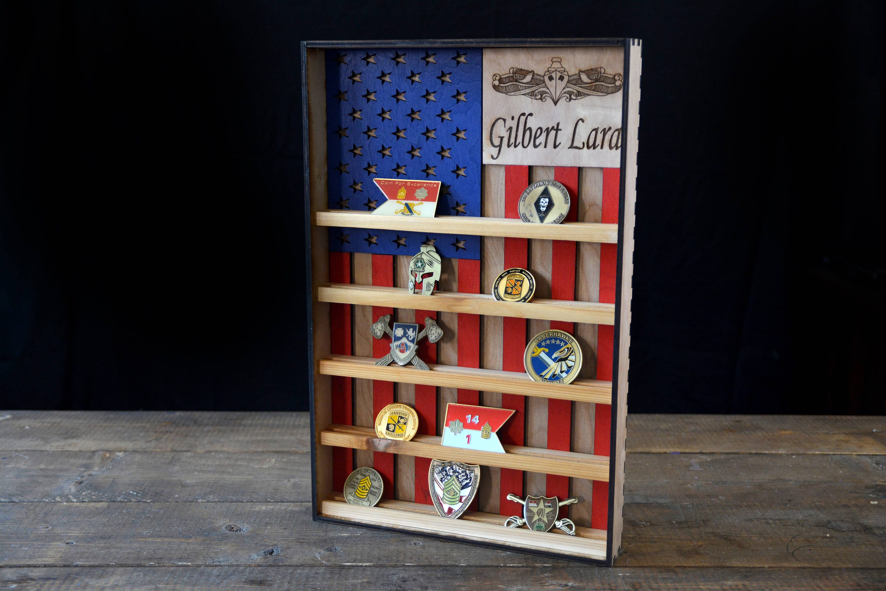 Hanging Wood Military Coin Holder Engraved military coin