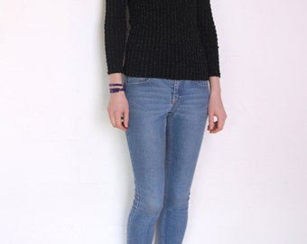 70' sparkly thread blouse, disco longsleeve blouse, black grunge top, shiny v neck blouse