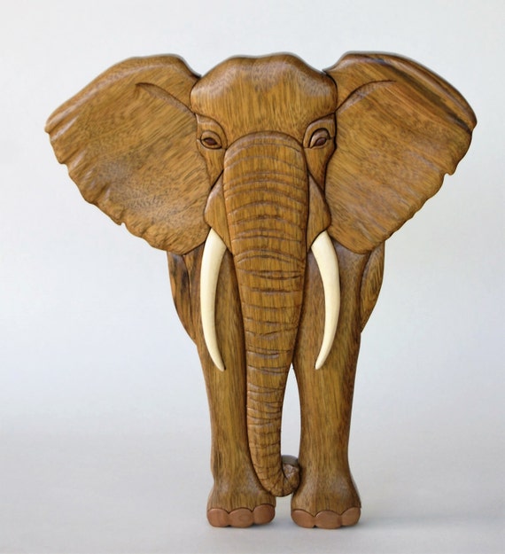 Elephant Intarsia Wall Hanging Wooden Animal Carving Wood