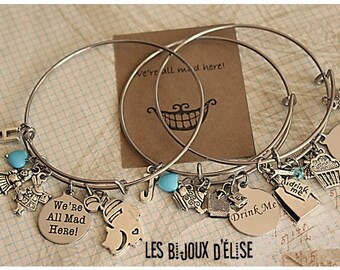 Personalized Alice Wire Bangle Bracelet Alice in Wonderland Charms Bangle Expandable Bracelet - Stainless Steel Bangle
