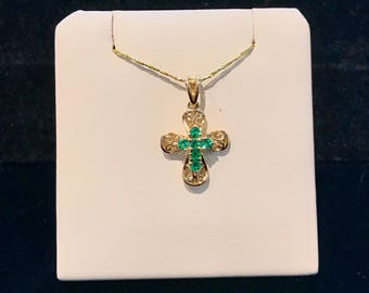 Vintage Filigree Emerald Cross Pendant VP-37