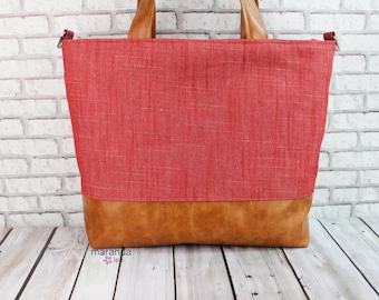 Extra Large Lulu Tote Overnight Diaper Bag - Red Denim and PU Leather -READY to SHIP Zipper Closure Beach Dance Travel Bag 7 pockets