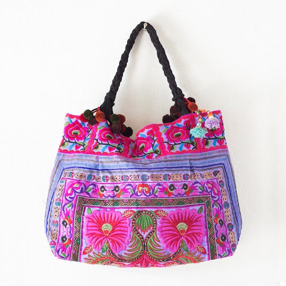 Purple Flowers Hill Tribe Tote Bag Large Size Made By Hmong