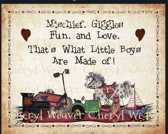 Giggles and Grins - Little Boys Poem 8 by 10 Inch Original Primitive Folk Art Print by Cheryl Weaver