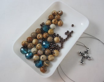 DIY Prayer Bead Kit - Teal Fire-Polished Glass with Picture Jasper