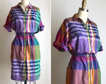 vintage plaid dress S-M ~ 80s Indian cotton button down dress