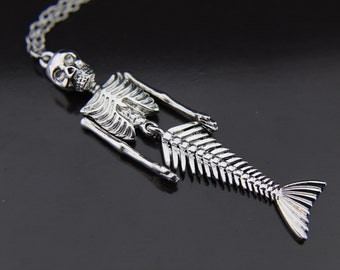 Mermaid Necklace, Silver Skull Mermaid Skeleton Charm Necklace, Nautical Jewelry, Skull Mermaid, Fantasy Jewelry, Fairytale Gift,