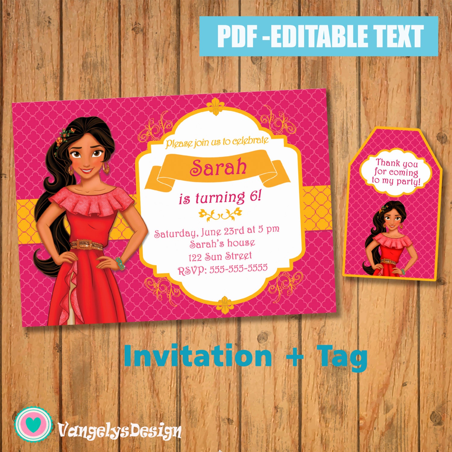 INVITACION ETIQUETA Elena de avalor PDF Editable