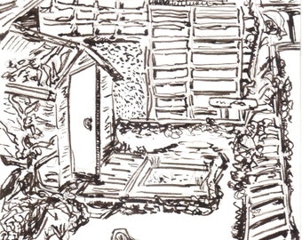 Original Art Backyard Garden Muswell Hill London, Van Gogh Style Drawing