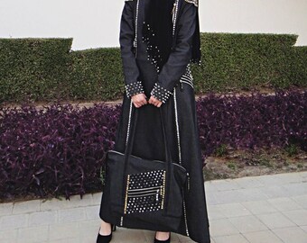 Studded Denim Abaya Set with Handbag and Scarf