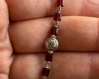 Garnet Bracelet, Garnet and Silver Bracelet, Silver Bracelet, Tribal Bracelet, Boho Bracelet, Boho Jewelry, Hill Tribe Silver Bracelet