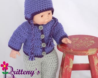 Baby Doll Clothes Crochet Baby Doll Clothes Crochet Baby Doll Purple Cardigan Sweater Ear Flap Hat Boots Gray Boots Baby Doll Clothing