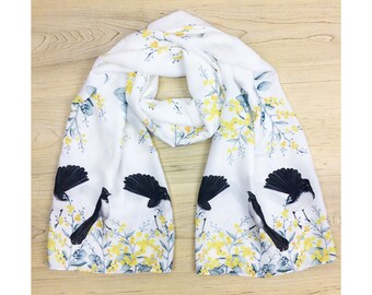 Australian Willy Wagtail scarf, Native Australian Bird, gift tube scarf made in Western Australia