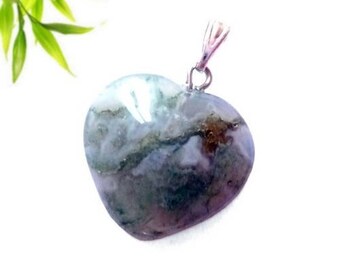 Silver plated - Moss agate heart pendant