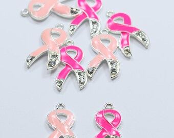 Lovely Bead Breast Cancer Awareness Ribbon Charm with Rhinestone (29mm) (10 pcs per Package)