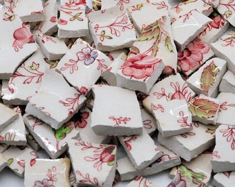 100 Broken China Mosaic Tiles - Pink - Red - Roses - Flower - Recycled Plates -