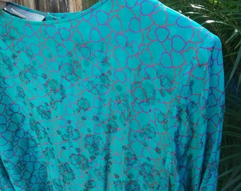 Vintage 80s Teal silk jacquard heart print dress - Dolman sleeves