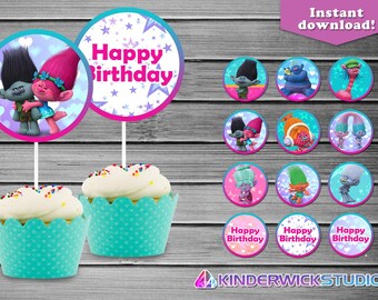 Trolls Cupcake Toppers, Trolls Birthday Cupcake Toppers, Trolls Birthday party supply