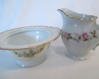 Vintage Mismatched China Sugar Bowl & Creamer Set