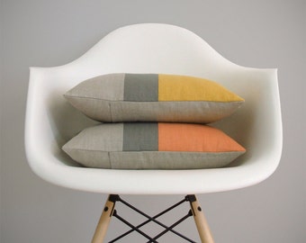 Yellow or Orange Color Block Pillow Cover in Natural Linen, Stone Grey & Squash or Pumpkin by JillianReneDecor - Modern Home Decor - FW2015