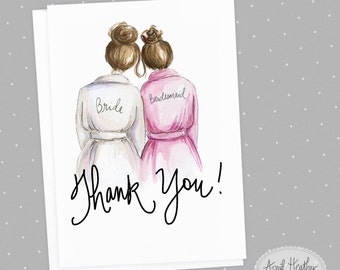 Thank you! Bridesmaid PDF Brunette Bun Bride and Brunette Bun Bridesmaid, Thank you card PDF printable card