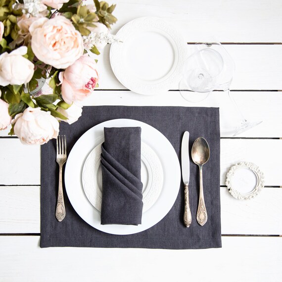 Dark Grey Linen Placemats set of 2 Natural flax and softened