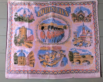 Vintage Pink and Burgundy Silk Kobenhavn Pillow Cover, Souvenir Table Cover or Wall Hanging of Copenhagen Denmark