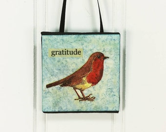 Gratitude! Whimsical Red Breast Little Bird Ornament Wild Bird Word Art Miniature Art