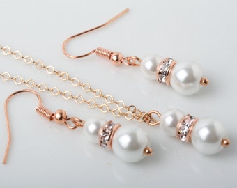 Rose Gold and Pearl Bridesmaid jewelry set, Bridesmaid gift, white pearl earrings and necklace set, wedding jewelry, rose gold jewelry set