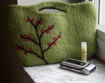 Felted Handbag Purse Berry Branch Wool Clutch