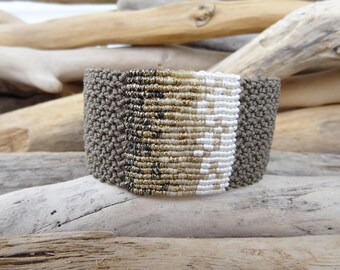 Khaki Macrame Bangle,Knotted Wristband,Micro Macrame Wide Bracelet,Gold Metallic Waxed Thread,Makrame jewelry