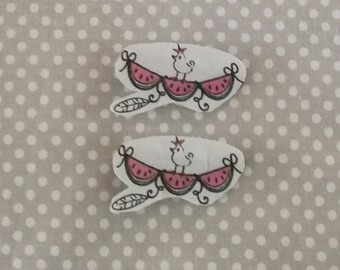 2 hair clips with garlands watermelon, feather, hen in fabric pink green hippie chic