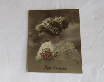 1920 colored French antique anniversary postcard, French vintage postcard, Antique postcard, Romantic postcard, Anniversary postcard!