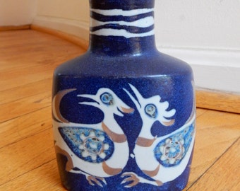 Royal Copenhagen Vase Nils Thorsson Baca Fajance Birds Cobalt Blue White Brown Mid Century Modern 708/3207