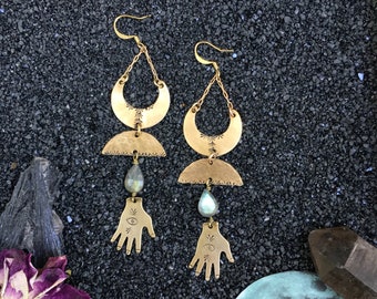 Deep Space earrings | Brass crescents with labradorite crystals, hand, eye