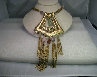 Vintage Runway Bold Hardstone Tassel Huge Necklace/Choker by Goldette, 14" plus 6" extender