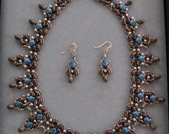 Jet Bronze Zoliduo and Blue Silky Beaded Necklace and Earrings