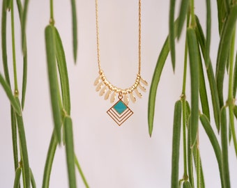 Necklace "Carrément" Blue or green brass gold filled 24k