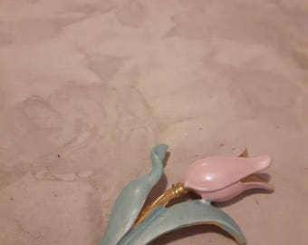 Vintage Pastel Enamel Flower Brooch/Tulip - Pink and Green - Long Stemmed Rose - Gold Tone - 1970s - Wedding/Bridal/Anniversary/Birthday