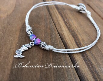 Mermaid Anklet, Beach Anklet, Hemp Anklet, Silver Charm Anklet, Boho Anklet, Gypsy Anklet, Rainbow Color Anklet, Hippie Anklet