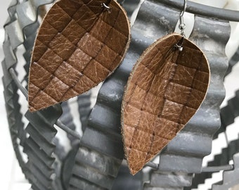 Camel colored petal genuine leather drop earrings