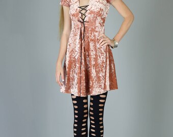 Corset Neck Crushed Velvet Babydoll dress, Dusty Pink