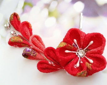 Kanzashi Red Gold Mini Bells Cherry Blossom Kimono Japanese Chirimen Fabric Flower Hair Clip Wedding Festival