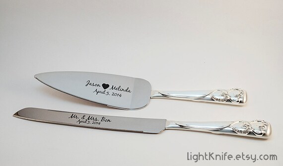 Black Engraved Wedding  Cake  Knife  and Serving Set  Two Hearts