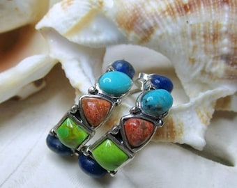 ON SALE Sterling Silver Turquoise, Sunstone, and Lapis Lazuli J Hoop Earrings 2.54g