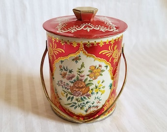 Vintage Red Floral Tin From Murray Allen Confections Of Montreal Canada, Canister Made In England. Lidded & Handled, Alpine Pattern.