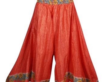 Beautiful Orange Vintage Silk Sari High Waist Wide Leg Divided Long Skirts S/M